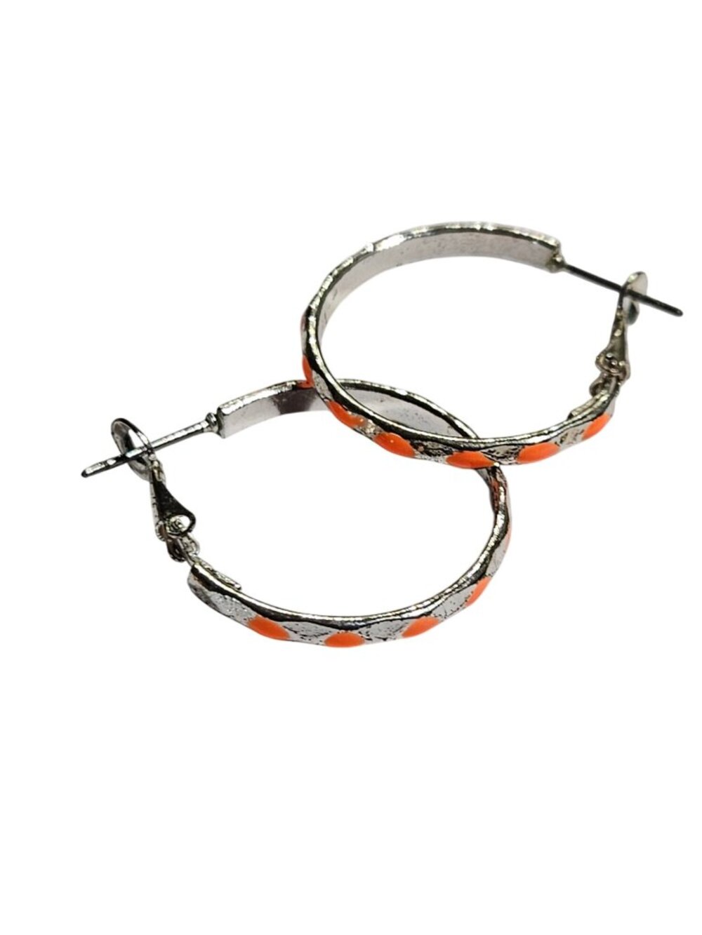 Vintage Silvertone Orange Enamel Hoop Earrings 1 inch